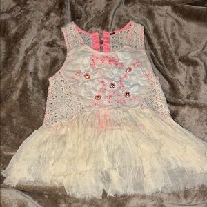 Free People Pink and Cream Lace Blouse with Frilly Hem
